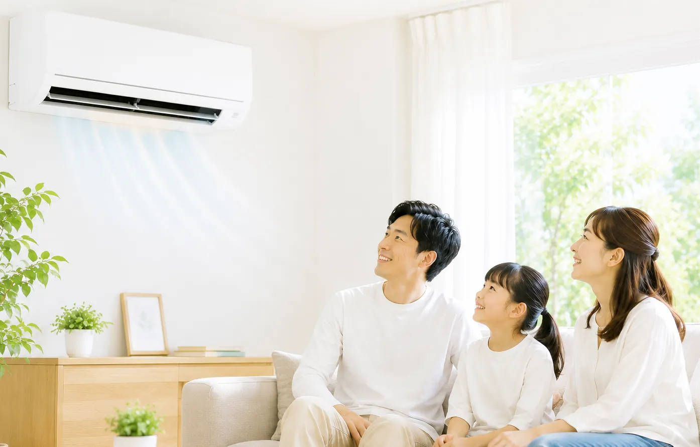 エアコンの効いた部屋でくつろぐ家族