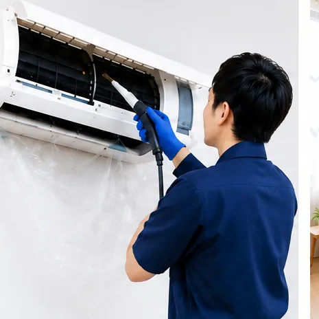 エアコンを分解洗浄する作業スタッフ